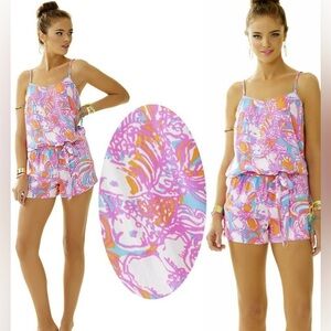 Lilly Pulitzer Deanna Shorely Blue Feeling Tanked Print Shorts Romper‎ Size XS